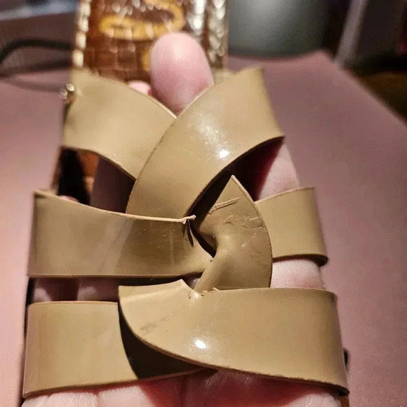 Sam Edelman |  Raynere Patent Cork Wedge Nude Slip On Sandals - Picture 13 of 16